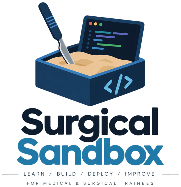 Surgical Sandbox logo: a sandbox holding a scalpel and a code window. Learn, build, deploy, improve.